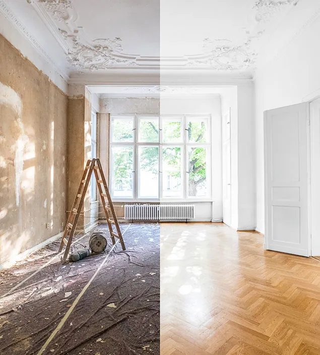 Room shown half before and half after a complete renovation