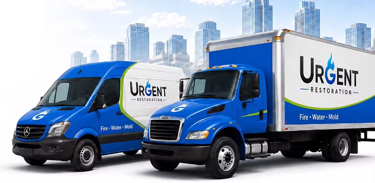 Urgent Restoration branded van and box truck ready for emergency response