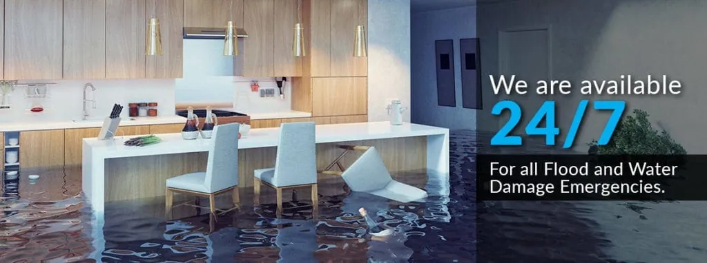 Flooded kitchen with the message: we are available 24/7 for all flood and water damage emergencies